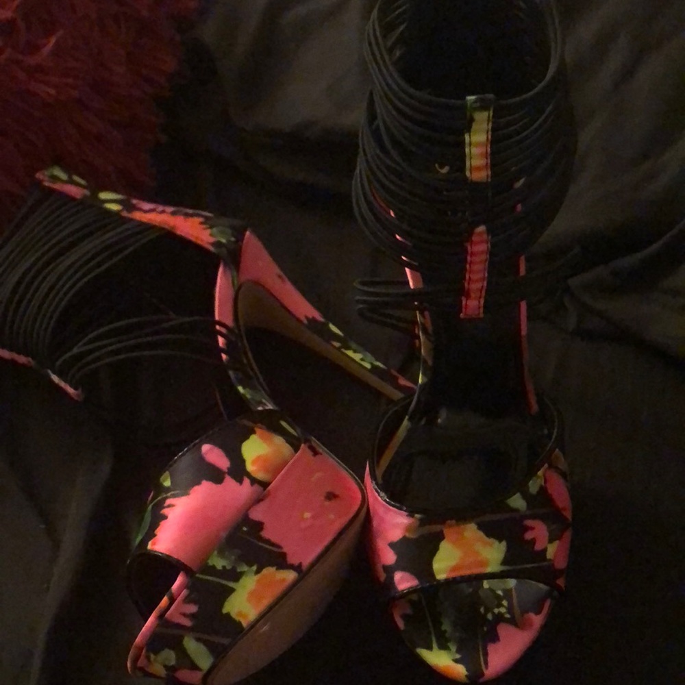 Floral fluorescent color heels